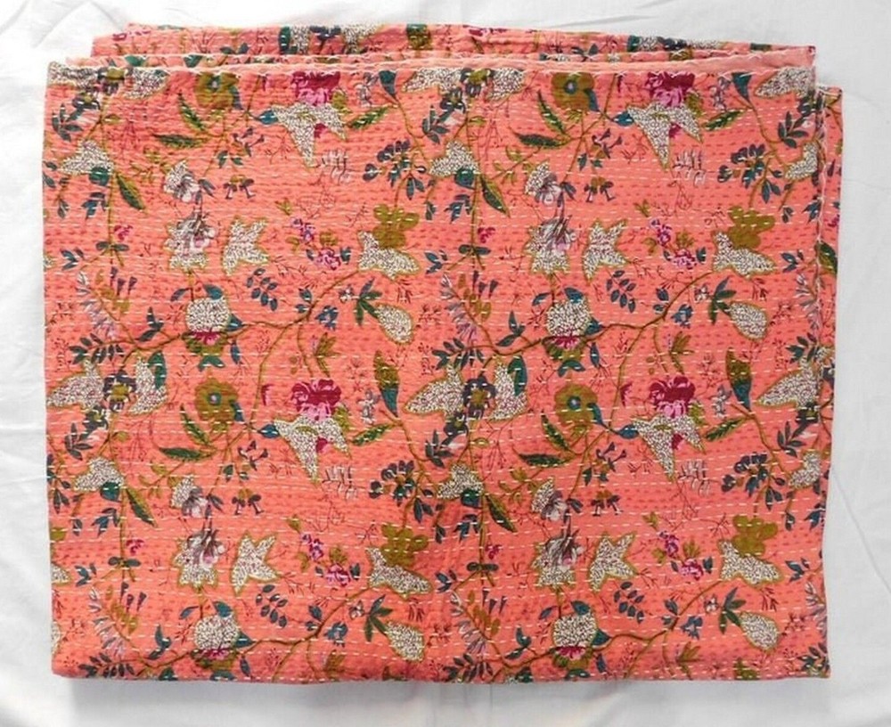 Indian Handmade Vintage Kantha Quilt Throw Kantha Double Bedspread Boho Floral
