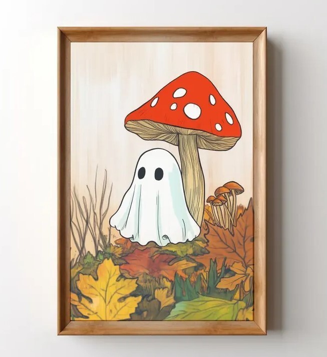 Spooky Fall Ghost and Mushroom Printable Halloween Wall Art
