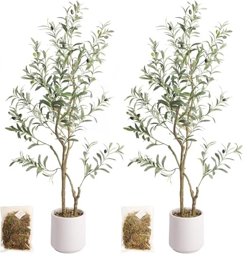 4FT Artificial Olive Tree with White Planter Faux Silk Leaves