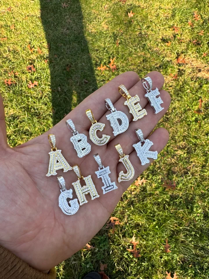 Round & Baguette Moissanite Gothic Initial Letter 925 Silver Pendant