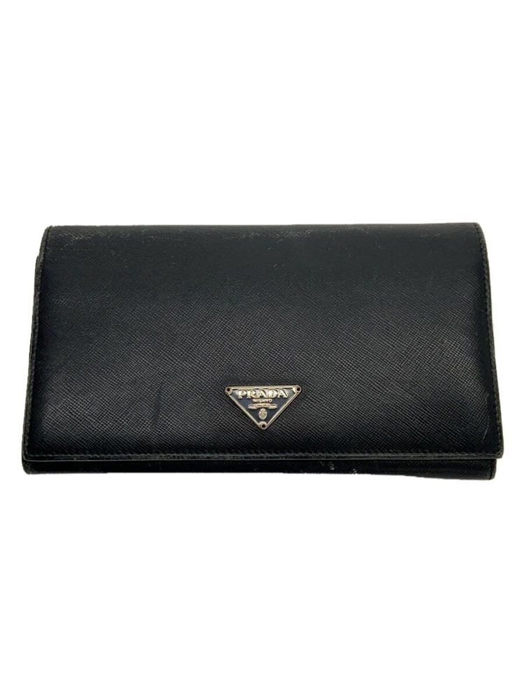 PRADA Folded Wallet Leather Black Plain Women s M608A