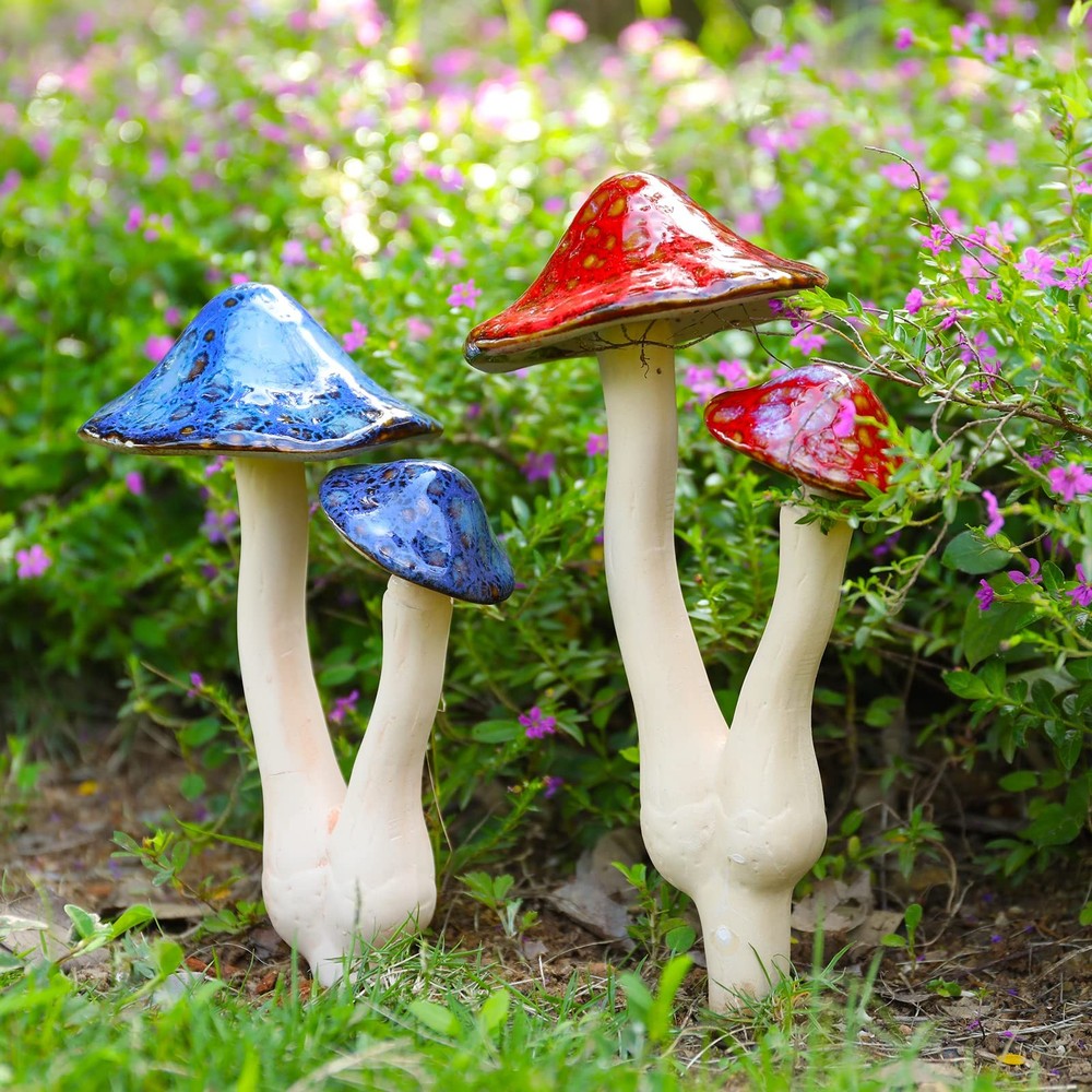 Ceramic Mushroom Garden Statue Set of 2 for Fairy Decor