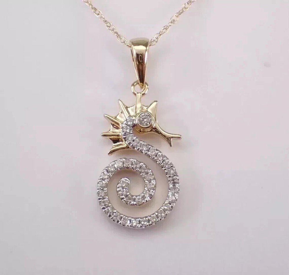 Lovely Sea Horse Pendant 1Ct Round Cut Simulated Diamond 14K Yellow Gold Plated