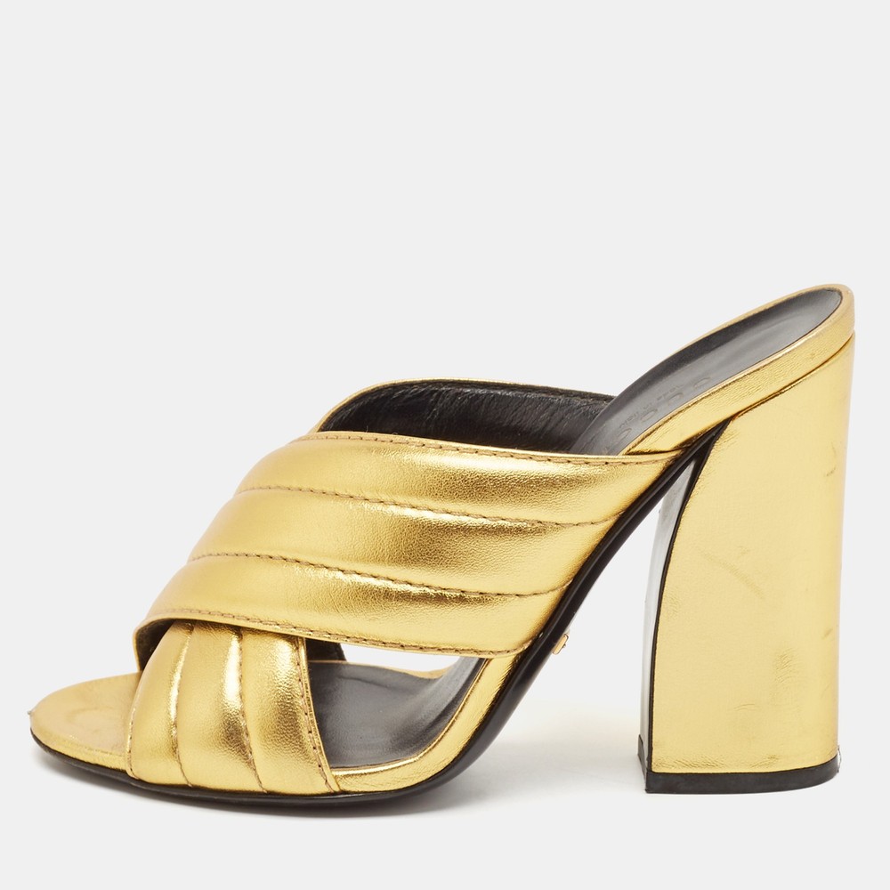 Gucci Gold Leather Webby Slide Sandals Size 36.5 Metallic
