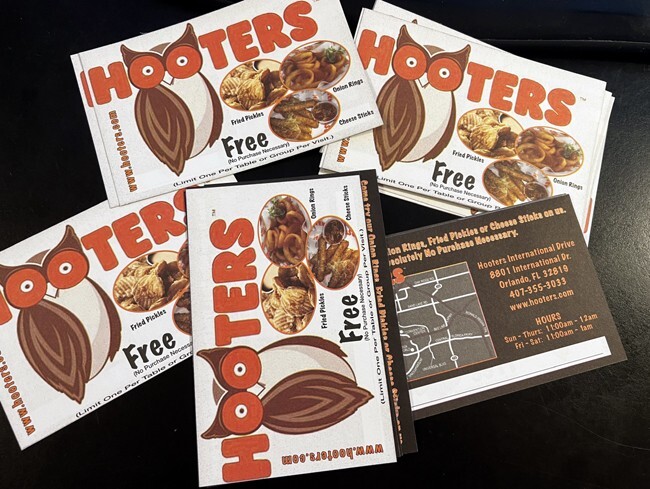 Hooters Restaurant Orlando Florida (18) Free Appetizer Voucher probably no value-image