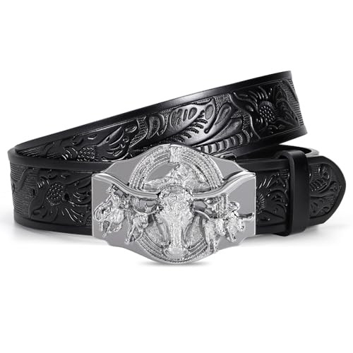 Western Leather Cowboy Belt for Men & Women - Black - Fits 34