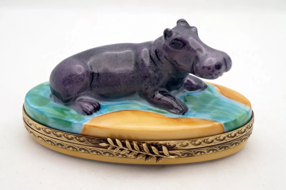 Authentic French Limoges Hippo Trinket Box African River Design