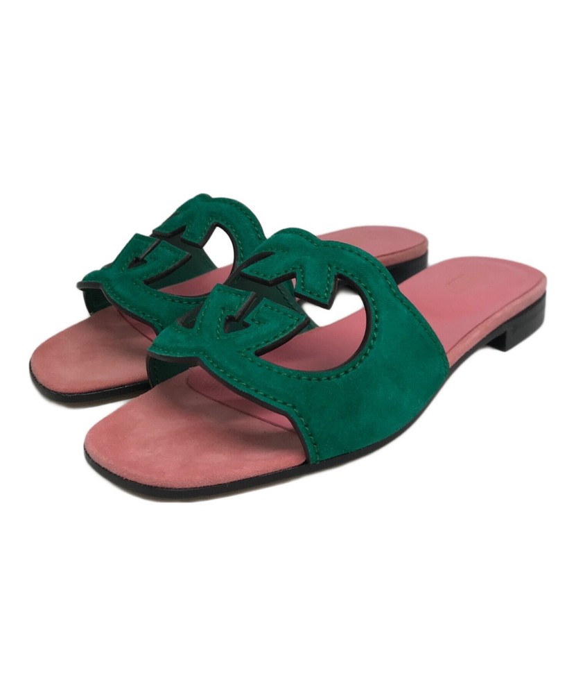 GUCCI Interlocking G Cut-Out Sandals Green Pink US5 Authentic From Japan RIN