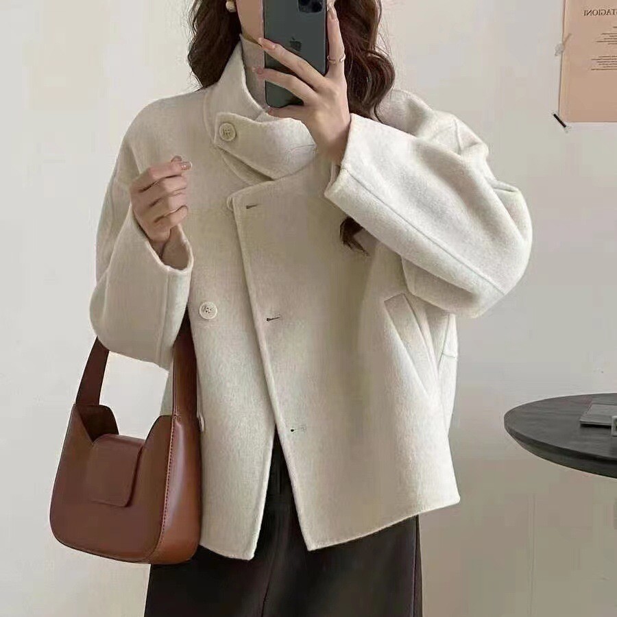 Womens Stand Collar Double-sided 100% Wool short Trench Coats Jackets sz