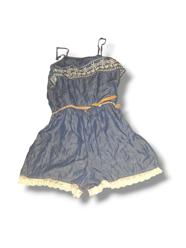 Justice Size 18 Chambray Romper Peasant Cottagecore Denim Lace Sequins