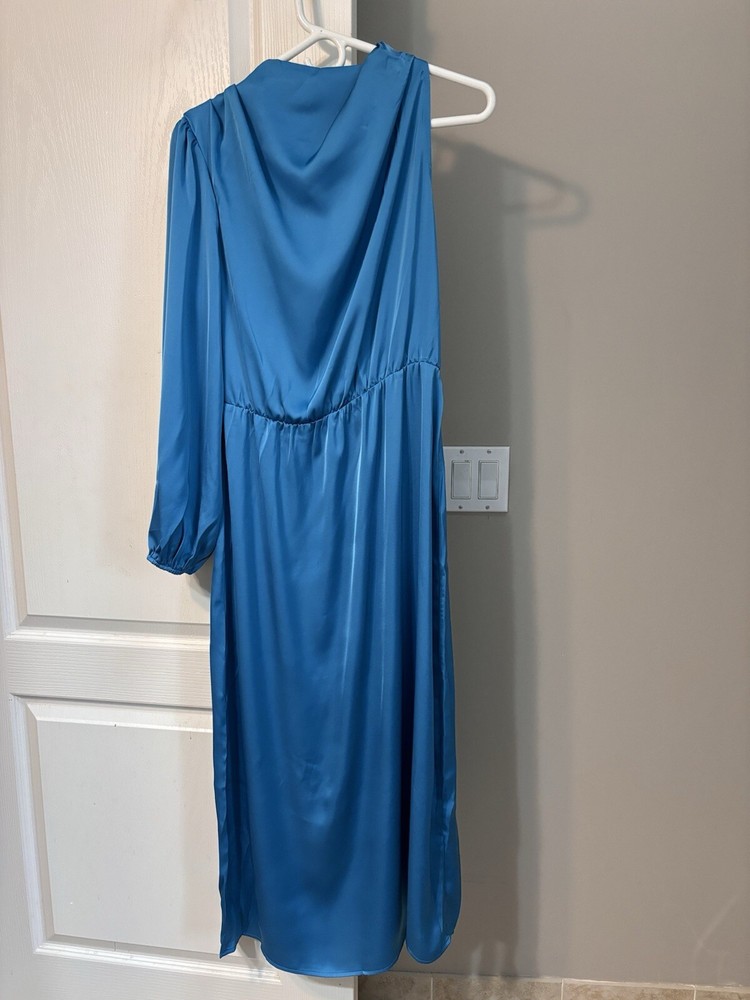 Grace Karin Teal Satin One-Shoulder Midi Dress NWT