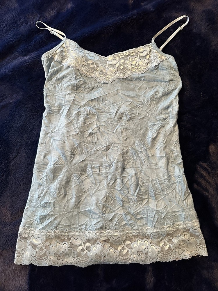Maurices Womens Medium Lace Trim Hem Crinkle Cami Textured Tank Top Blue Y2K