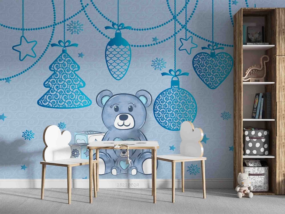 3D Blue Christmas Bear Wall Mural Sticker for Festive Home Decor