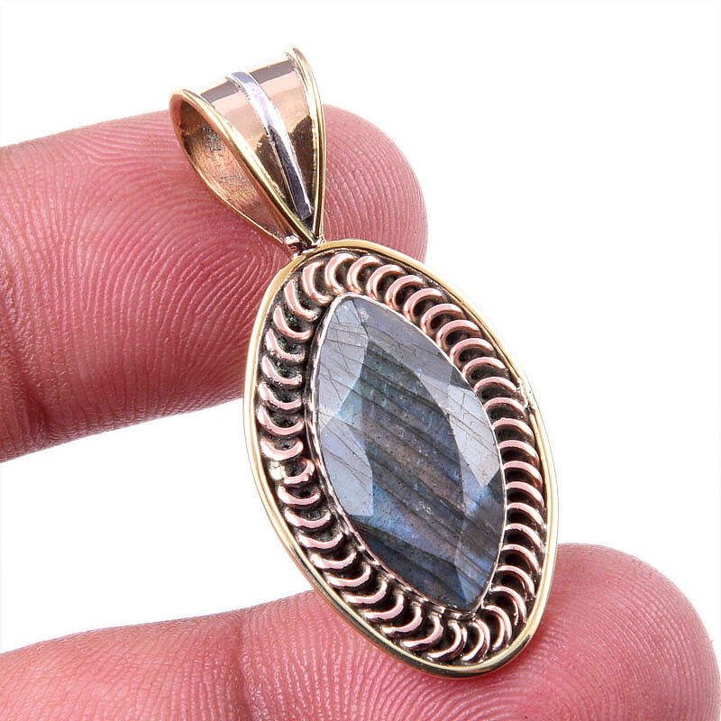 Natural Labradorite 925 Solid Sterling Silver Jewelry TwoTone Pendant 1.50