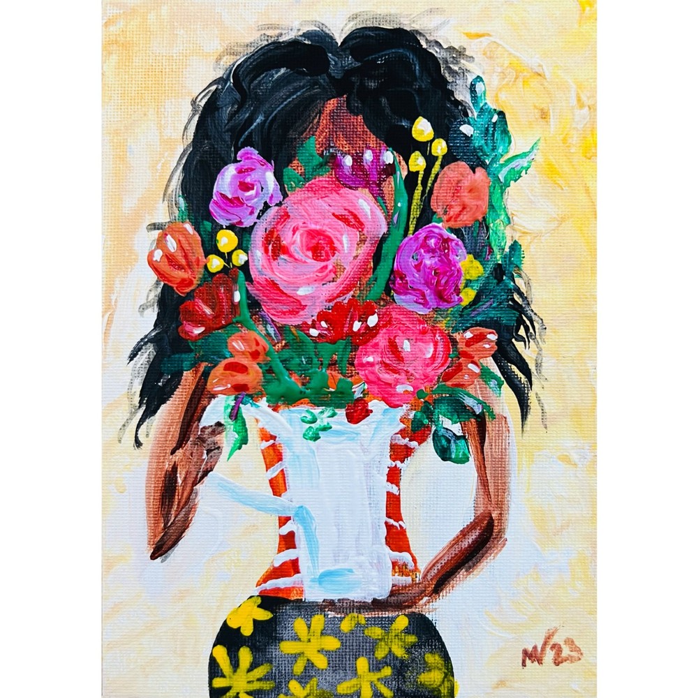 Modern Floral Girl Expressionism Painting 5x7 Canvas Art Decor Lady Vase