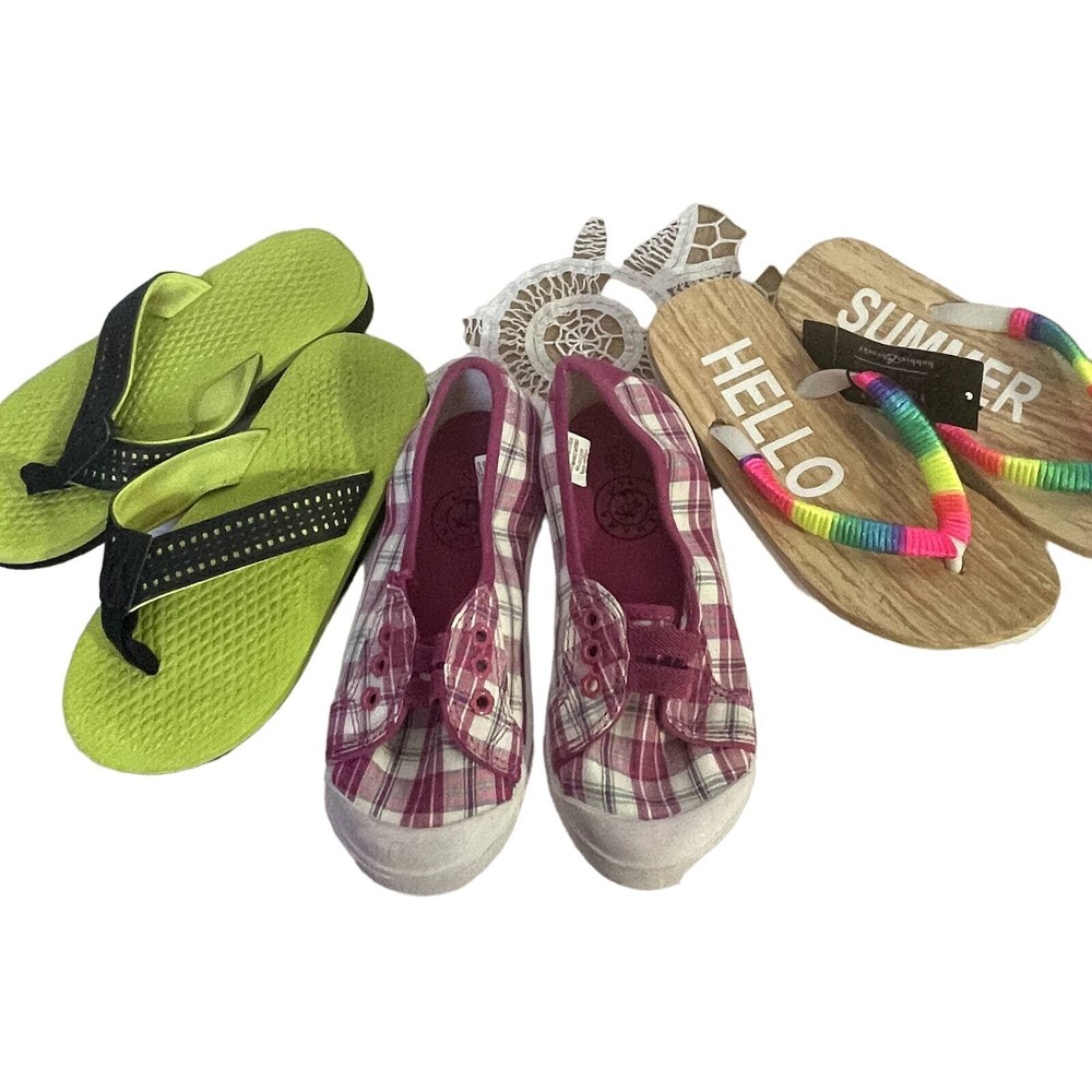 Lot Bundle of 3 pair of Girl's shoes 2 flip-flops 11/12 1 sneakers 13