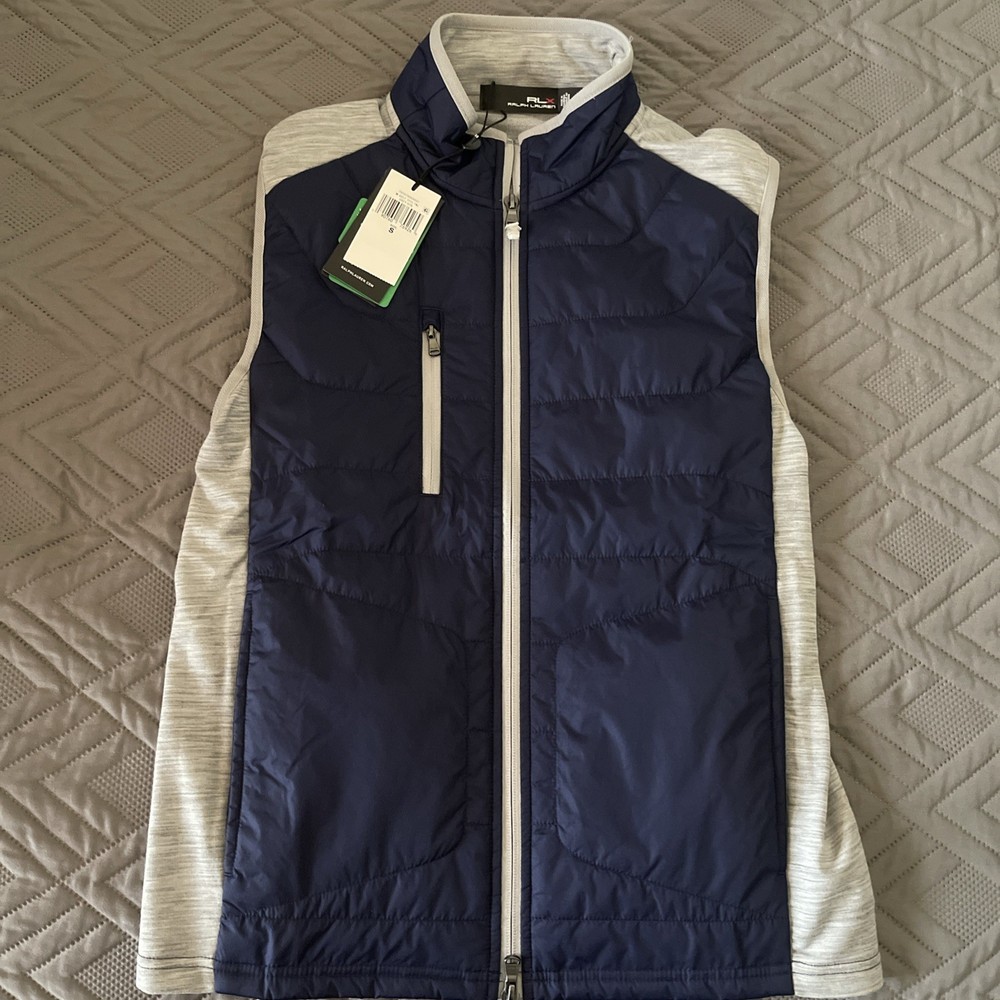 NWT $198 RLX Ralph Lauren Mens Small Grey Navy hybrid Golf Vest Polyester & Wool