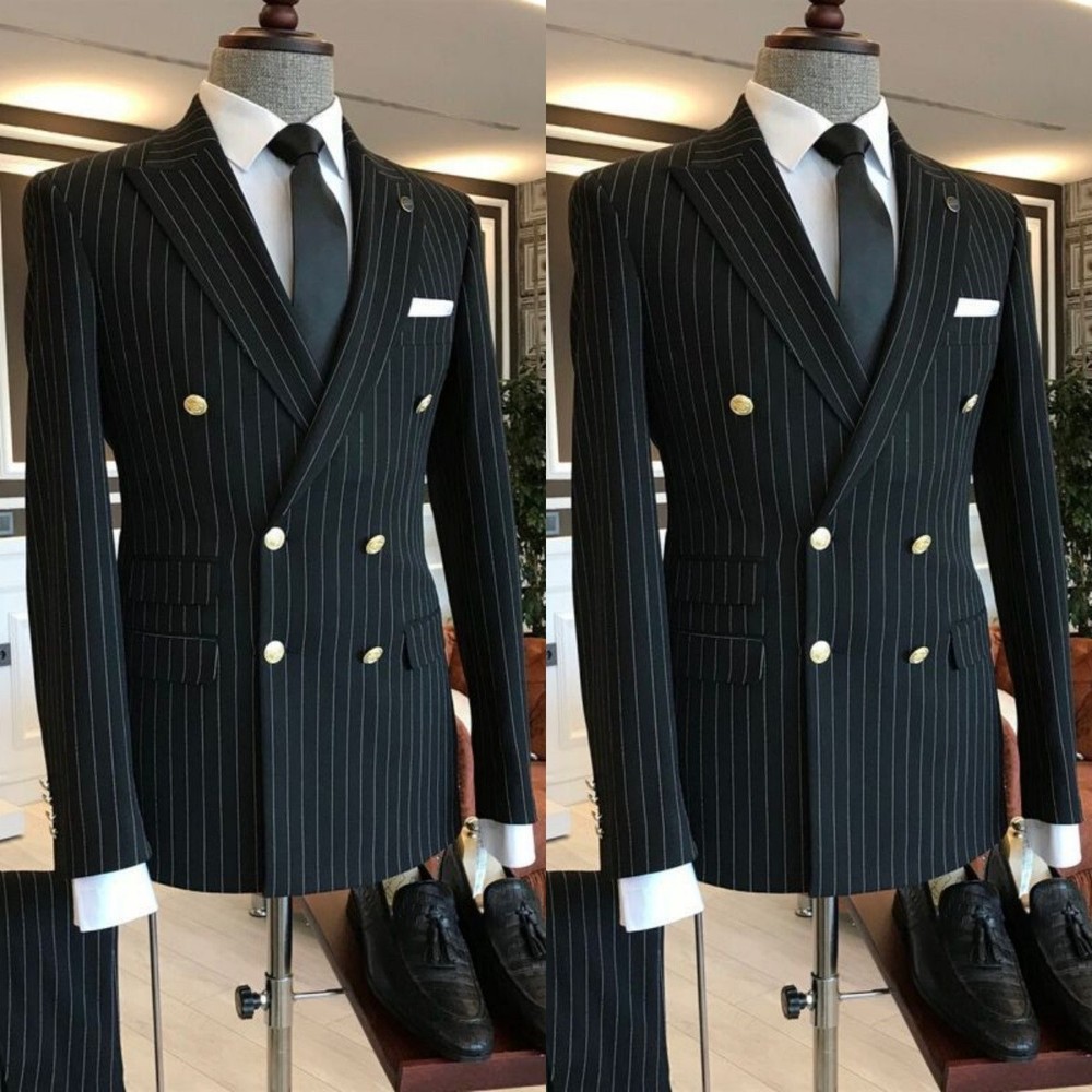 Striped Men's Suit Peak Lapel Double Breasted Business Black Tuxedo Blazer 2Pcs
