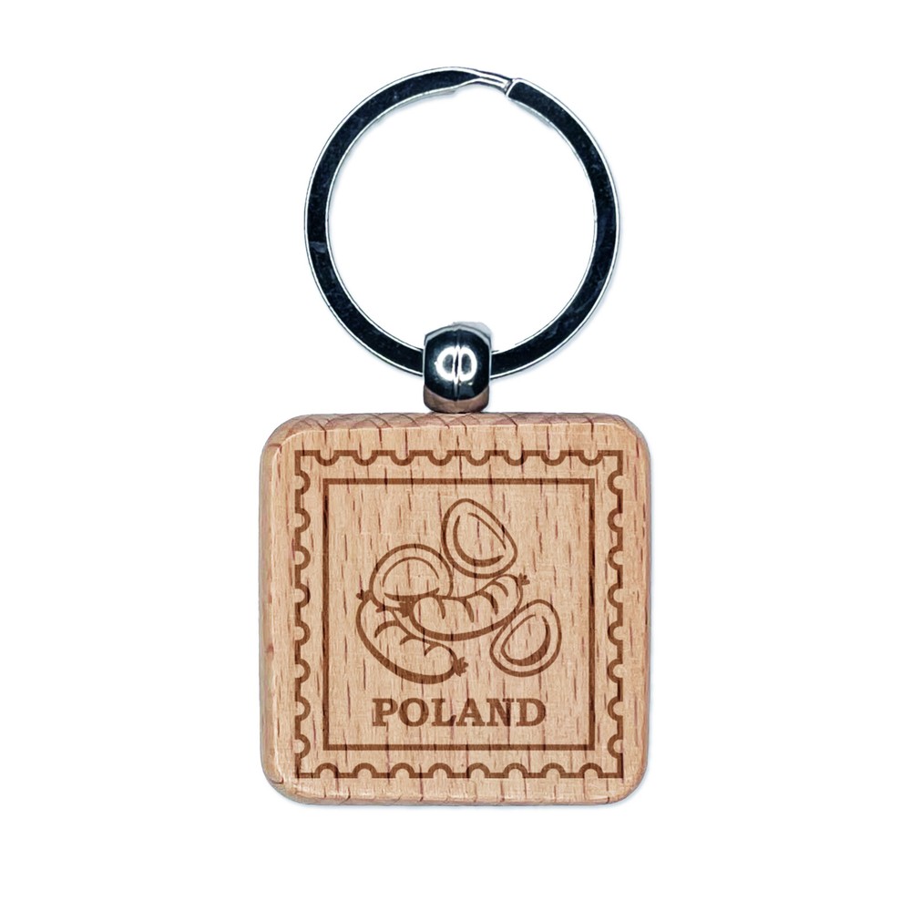 Poland Travel Sausages and Pierogies Engraved Wood Square Keychain Tag Charm
