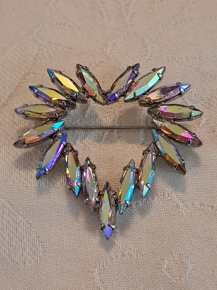 Vintage Iridescent Aurora Borealis Rhinestone Heart Brooch Pin