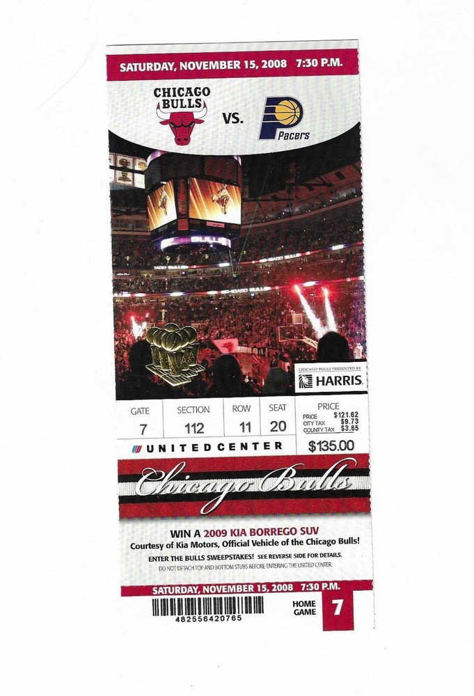 Chicago Bulls vs Indiana Pacers Unused Basketball Ticket from 11/15/2008