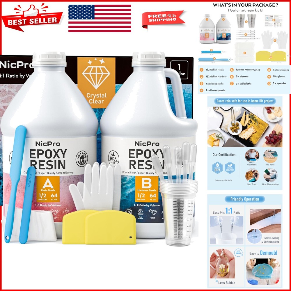 1 Gallon High-Gloss Crystal Clear Epoxy Resin Kit - Bubble-Free DIY Art Supplies