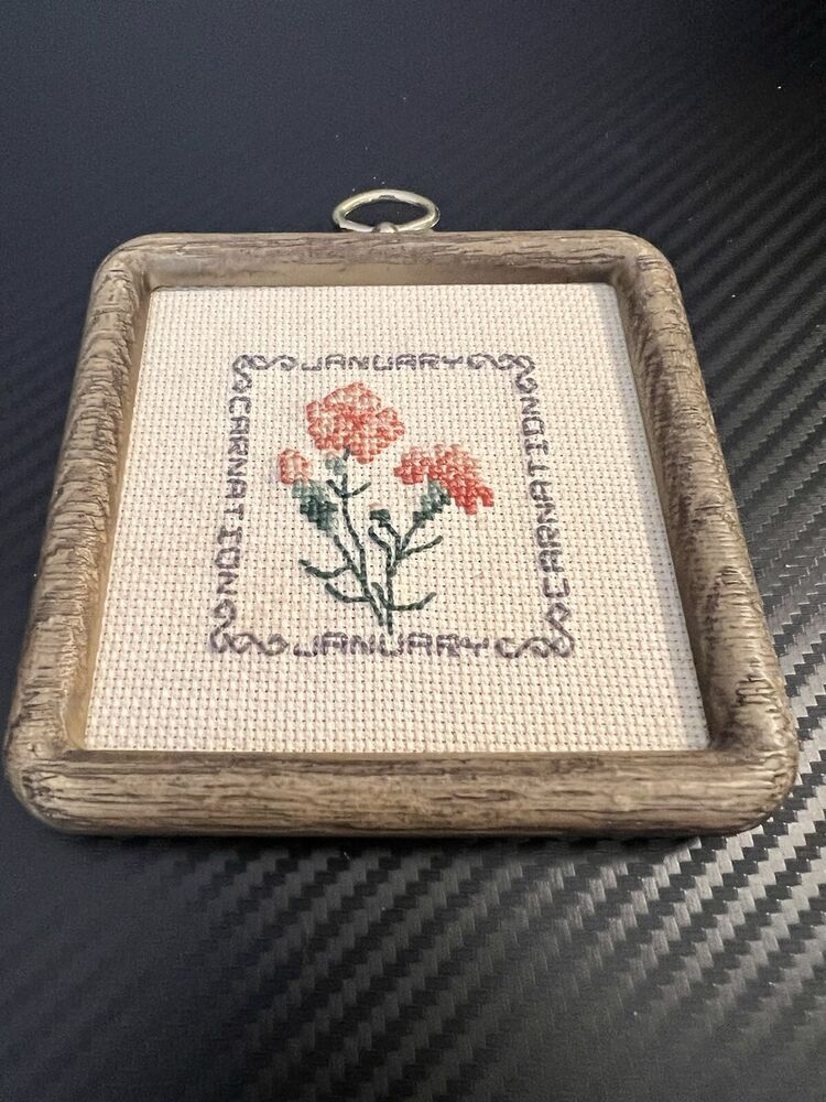 Handmade January Carnation Cross Stitch Wall Art With Frame