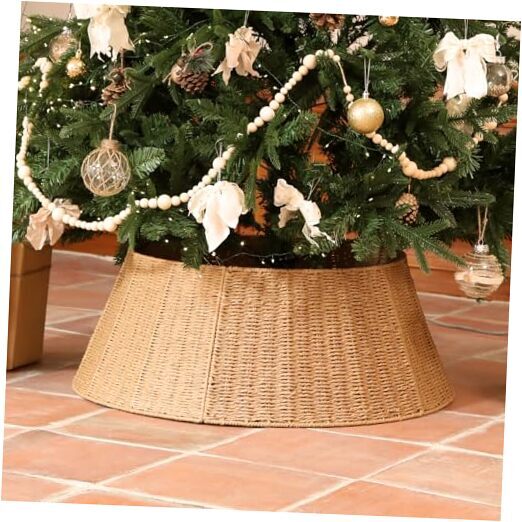 Handmade Christmas Tree Collar Basket Skirt-Elegant Woven Rattan Ring Base