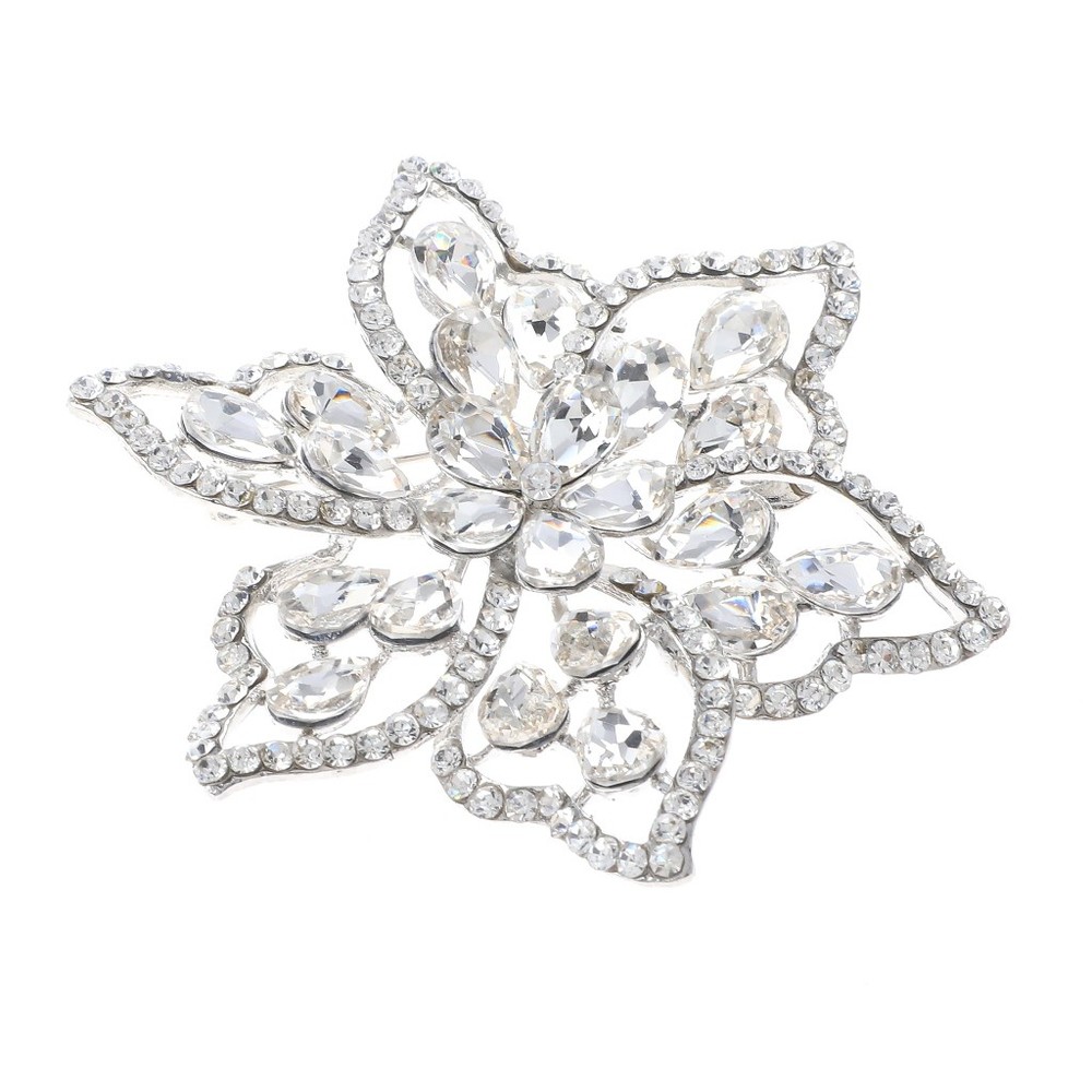 Silver Tone Metal Crystal Rhinestone Flower Brooch P1514-SCL