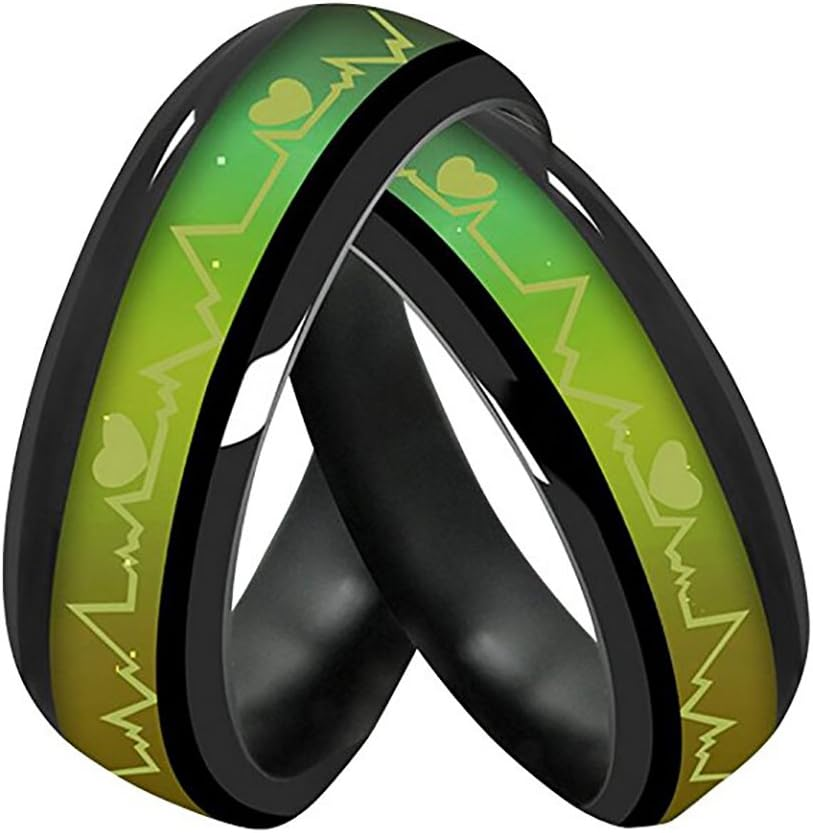 Color Changing Titanium/Stainless Steel Mood Ring, EKG W/Hearts Design, Gift Box