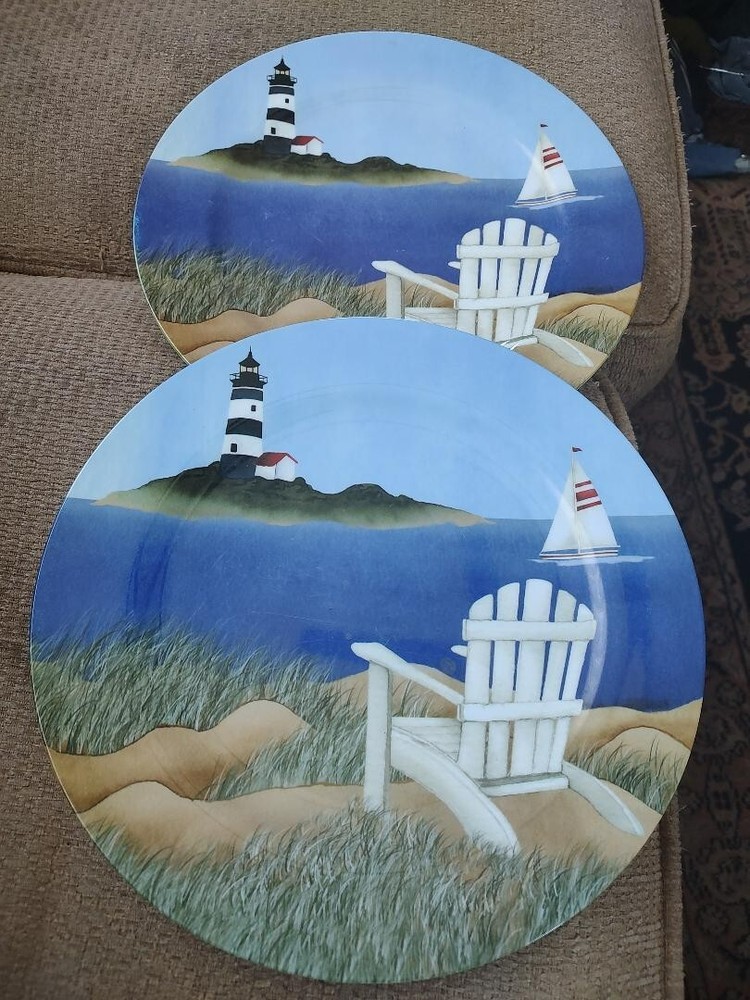 2 Melamine Beach Adirondack Chair Sailboat Lighthouse Dinner Plates  10.5
