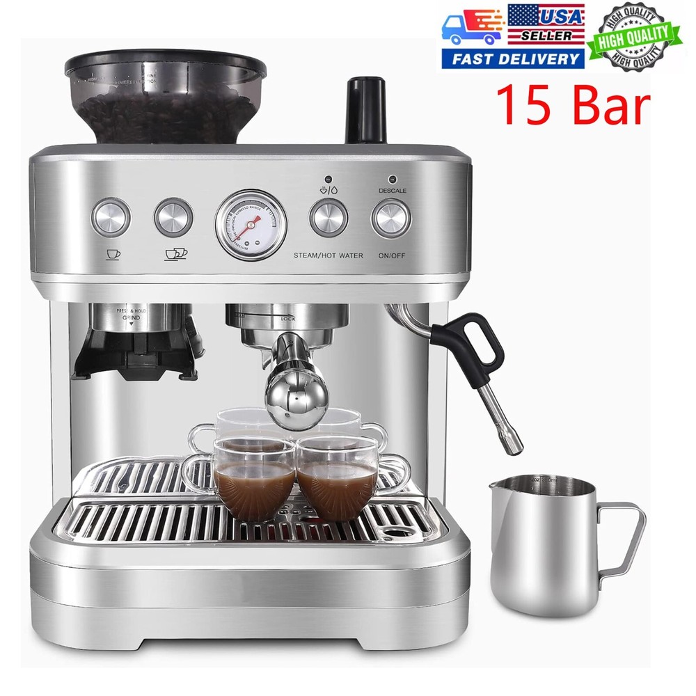 15-Bar Stainless Steel Espresso Machine with Built-in Grinder & Water Tank