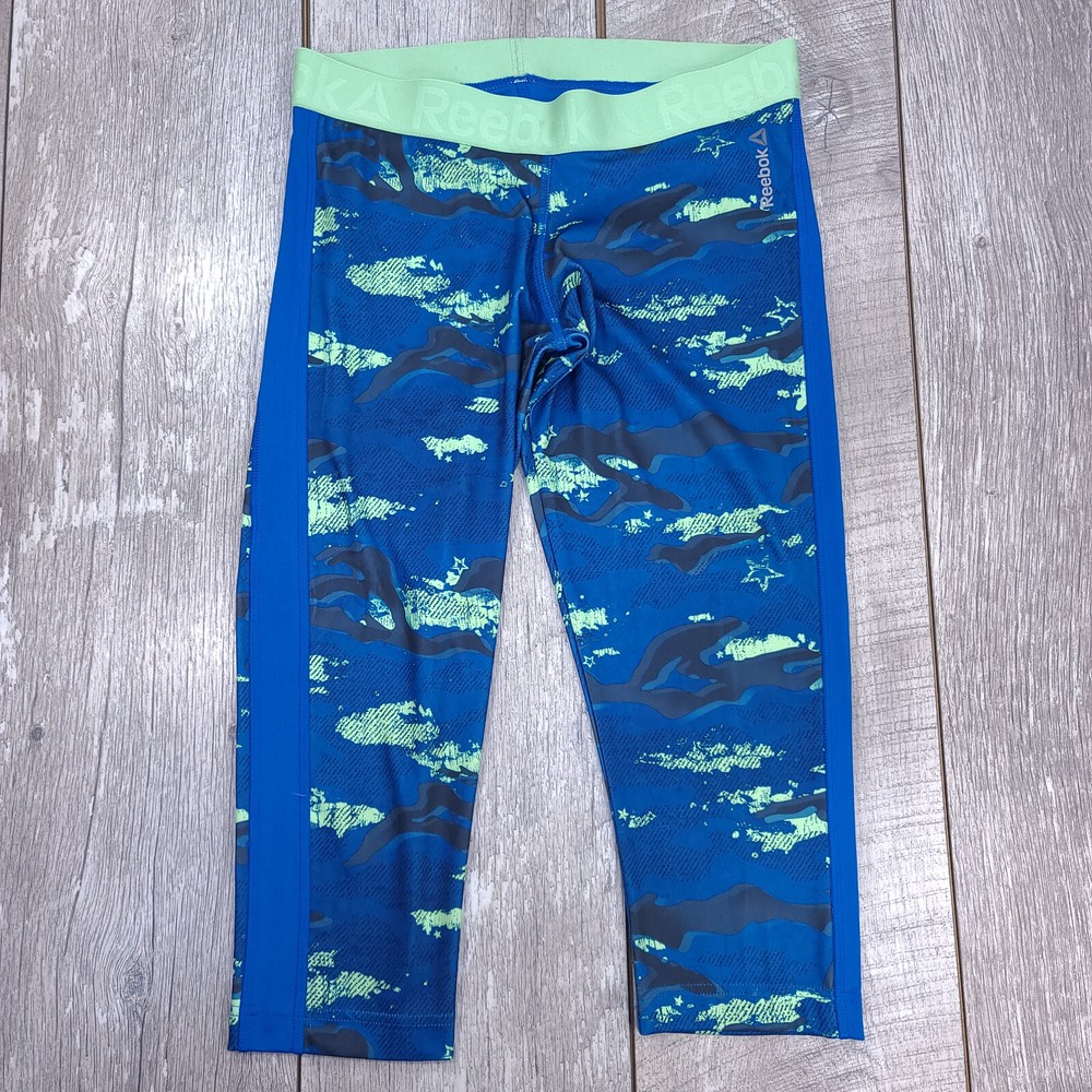 Reebok Womens Speedwick Running Tights Size Small Blue Camouflage Capri Work Out