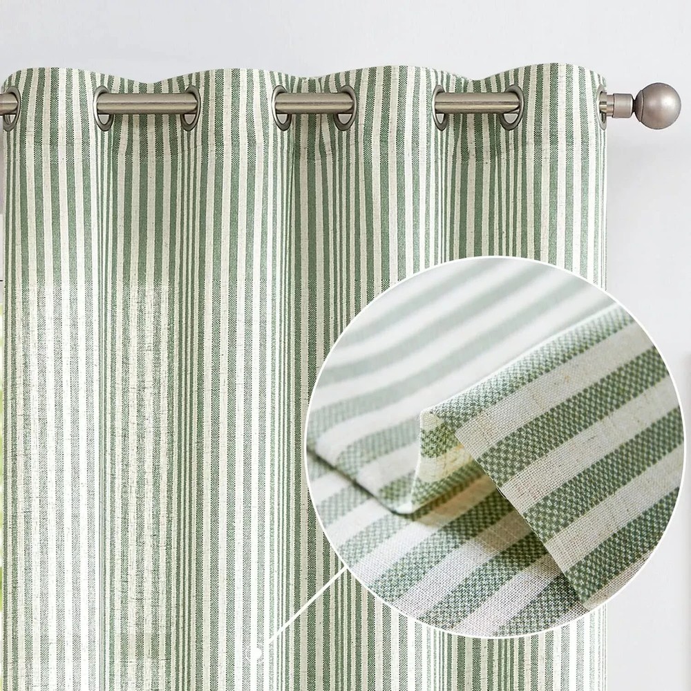 Sage Green Linen Farmhouse Striped Curtains 84 Inch Light Filtering Window Panels