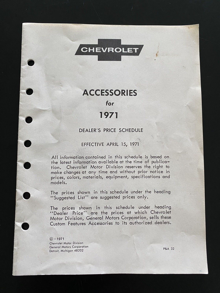 1971 Chevrolet  Accessories Dealer Prices Impala Camaro Chevelle SS Corvette