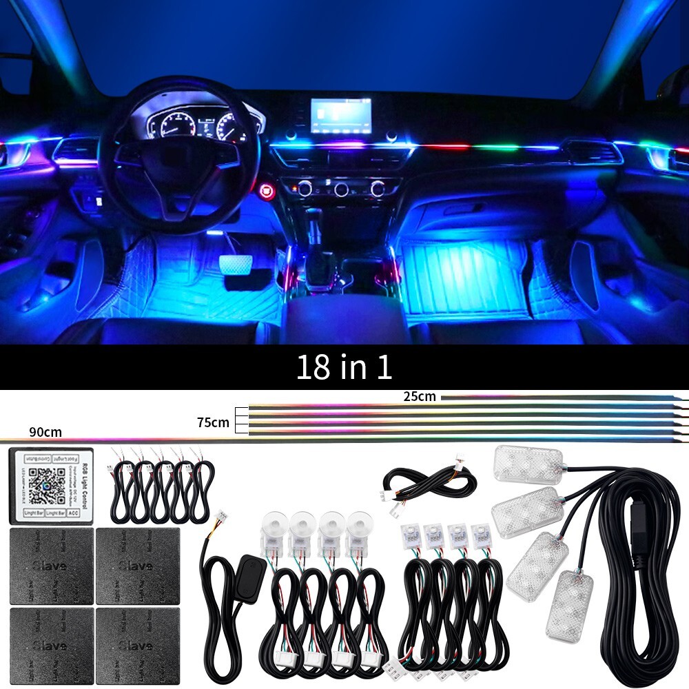 RGB LED Car Interior Accessories Decorative Atmosphere Strip Lamp Light 18 in 1