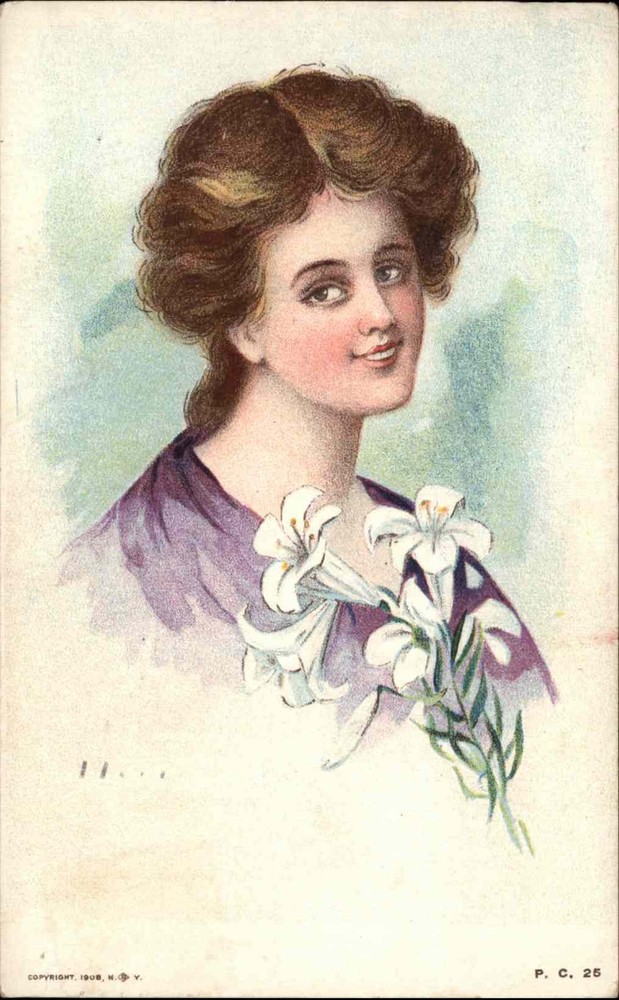 Vintage PC Beautiful Woman Purple Lilies GLAMOUR P.C.25 Maud Humphrey Bogart