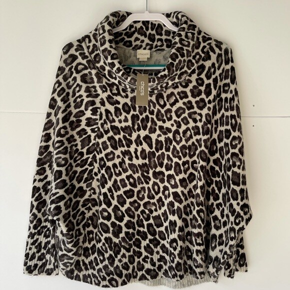 Chico's Gray Leopard Shira Cowl Pullover Sweater, Size 1 M/8, $99 NWT