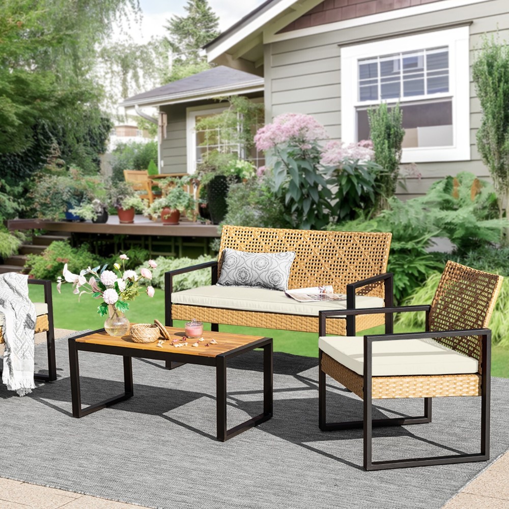 Outdoor Rattan Wicker Patio Conversation Set with Cushions  