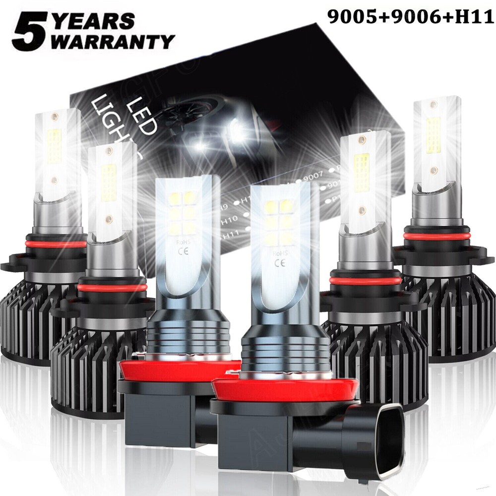 9005 9006 H11 LED Headlight High Low Beam Fog Light Kit 6Pc White Combo