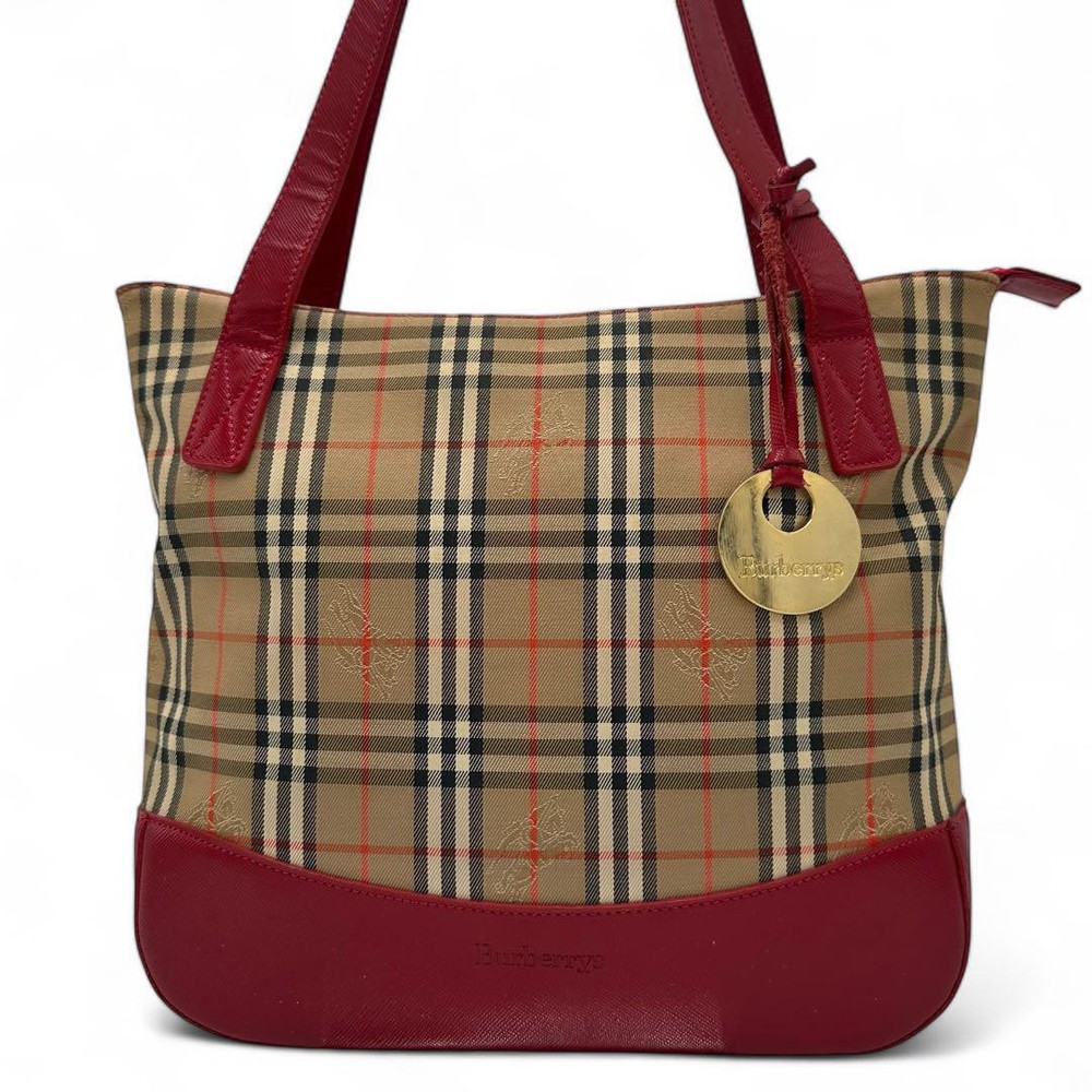 Burberry Tote Bag Handbag Nova Check Force Leather Red