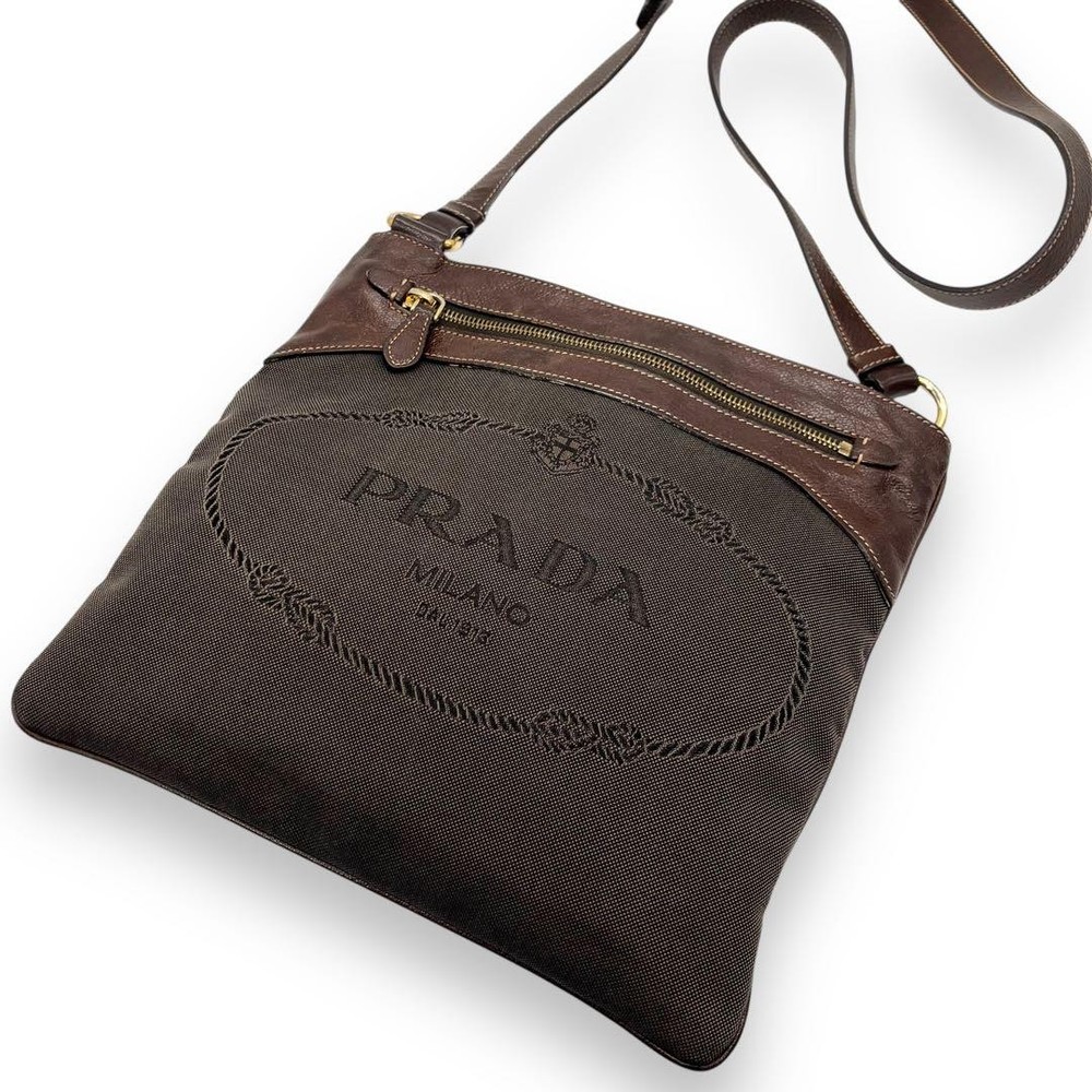 Prada Brown Leather Trim Jacquard Canvas Unisex Crossbody Bag Excellent Condition  