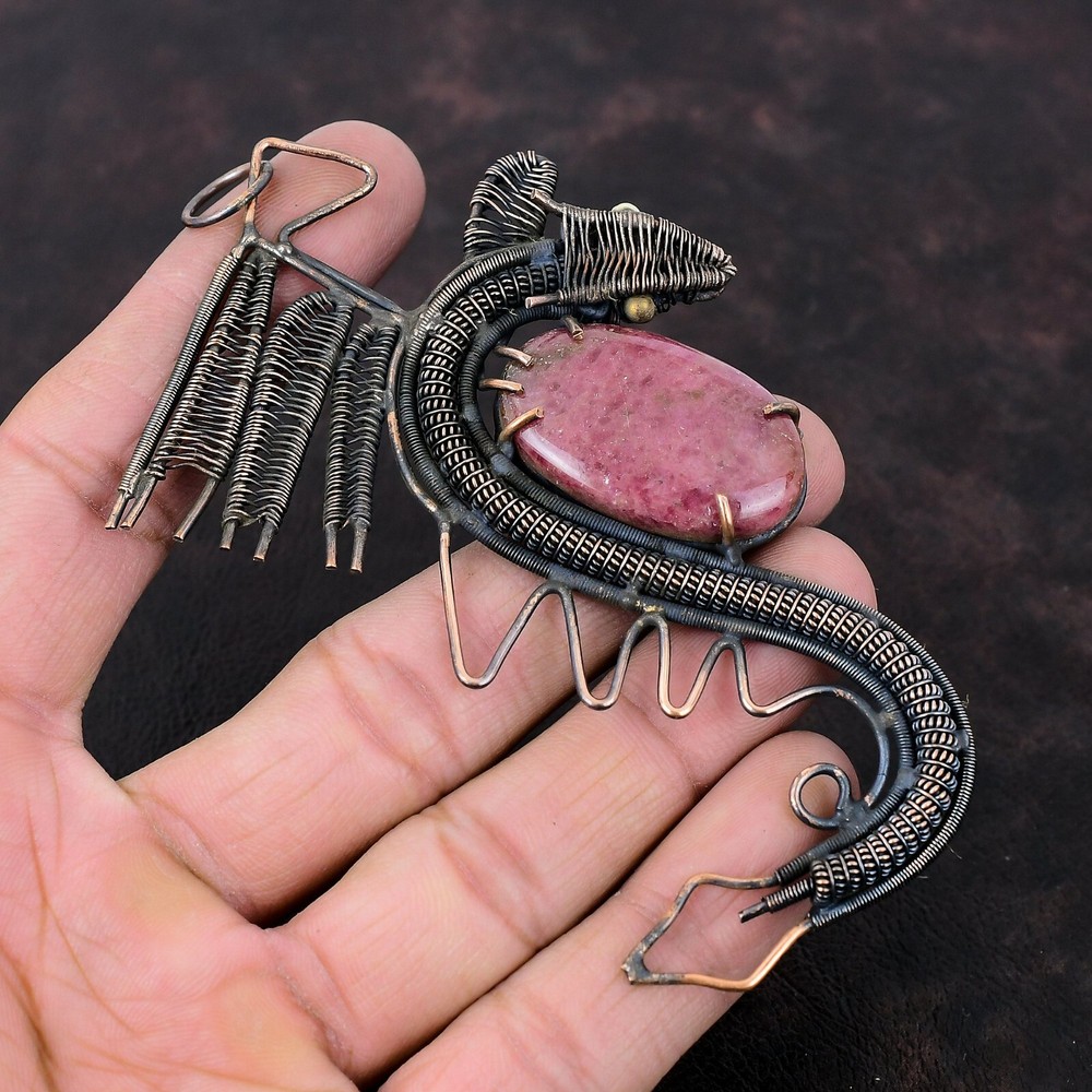 Christmas Deal Rhodonite Gemstone Copper Wire Wrapped Dragon Engagement Pendant