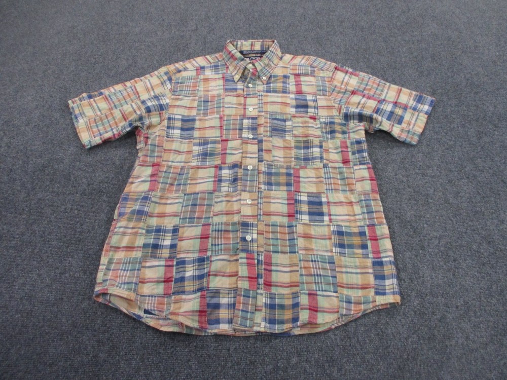 Nautica Shirt Mens M Plaid Patchwork Indian Madras Outdoors Preppy Vintage Mens