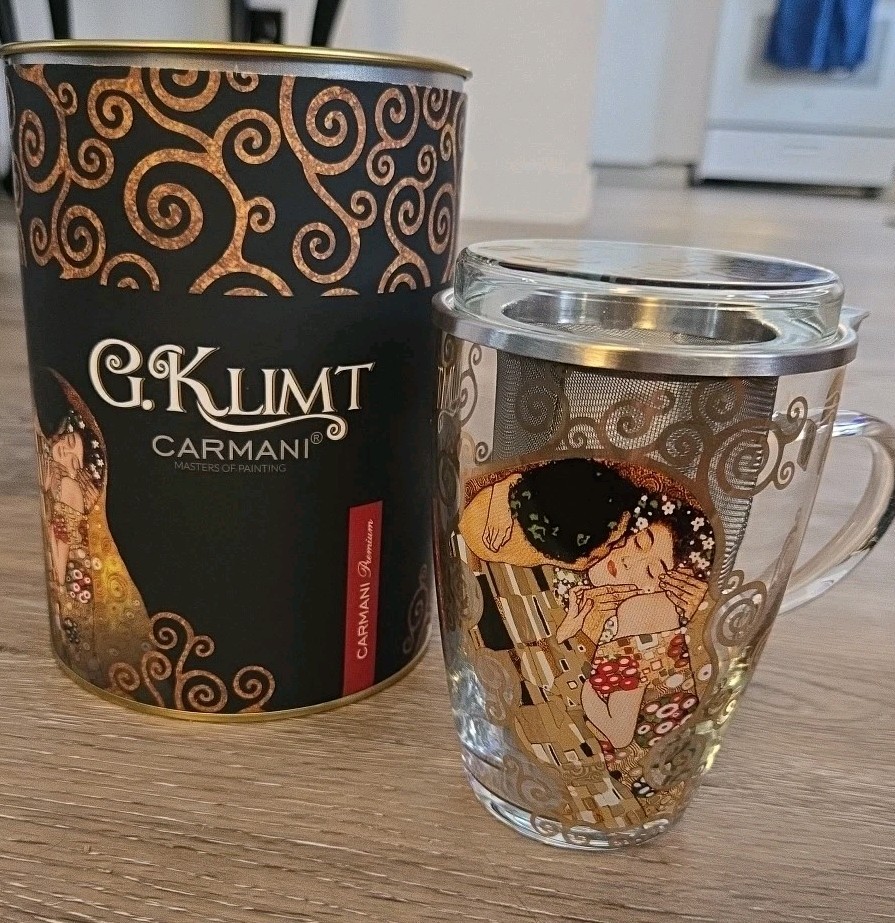 Carmani 12 Oz Glass Tea set Gustav Klimt Art NEW In Box, 2 Available