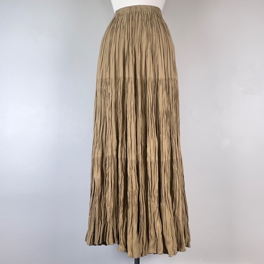 Double D Ranch Women M Tan Western Pleated Broomstick Crinkle Maxi Skirt-image