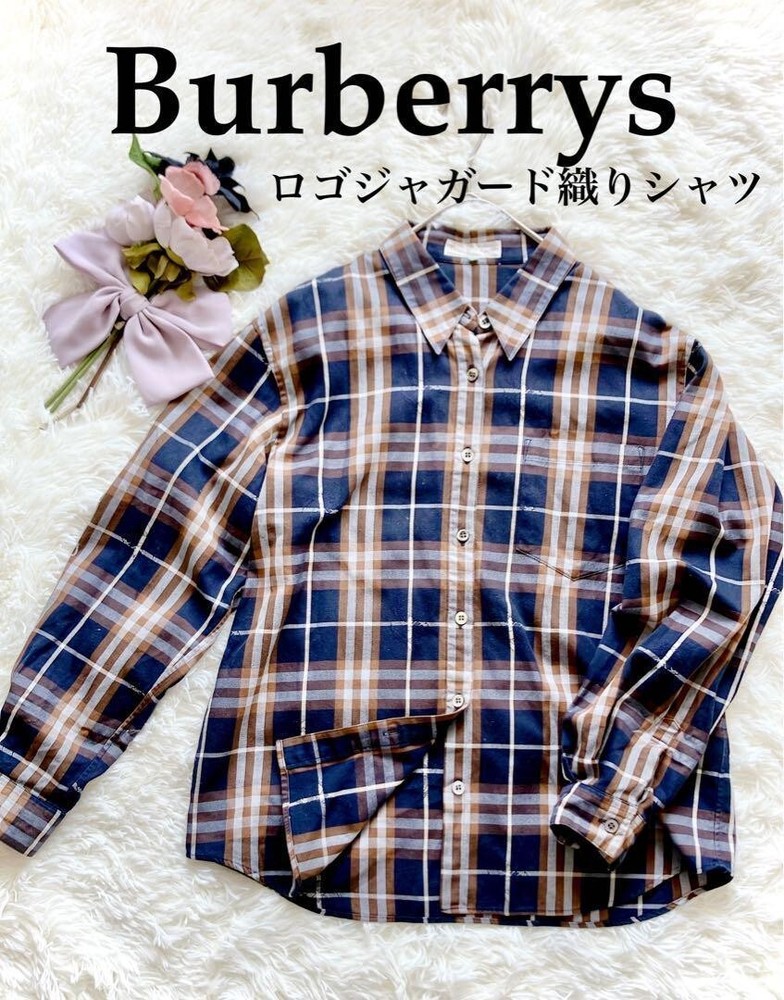 Old Burberrys Check Shirt Long sleeve Navy Jacquard Cotton Women Size 9 Used