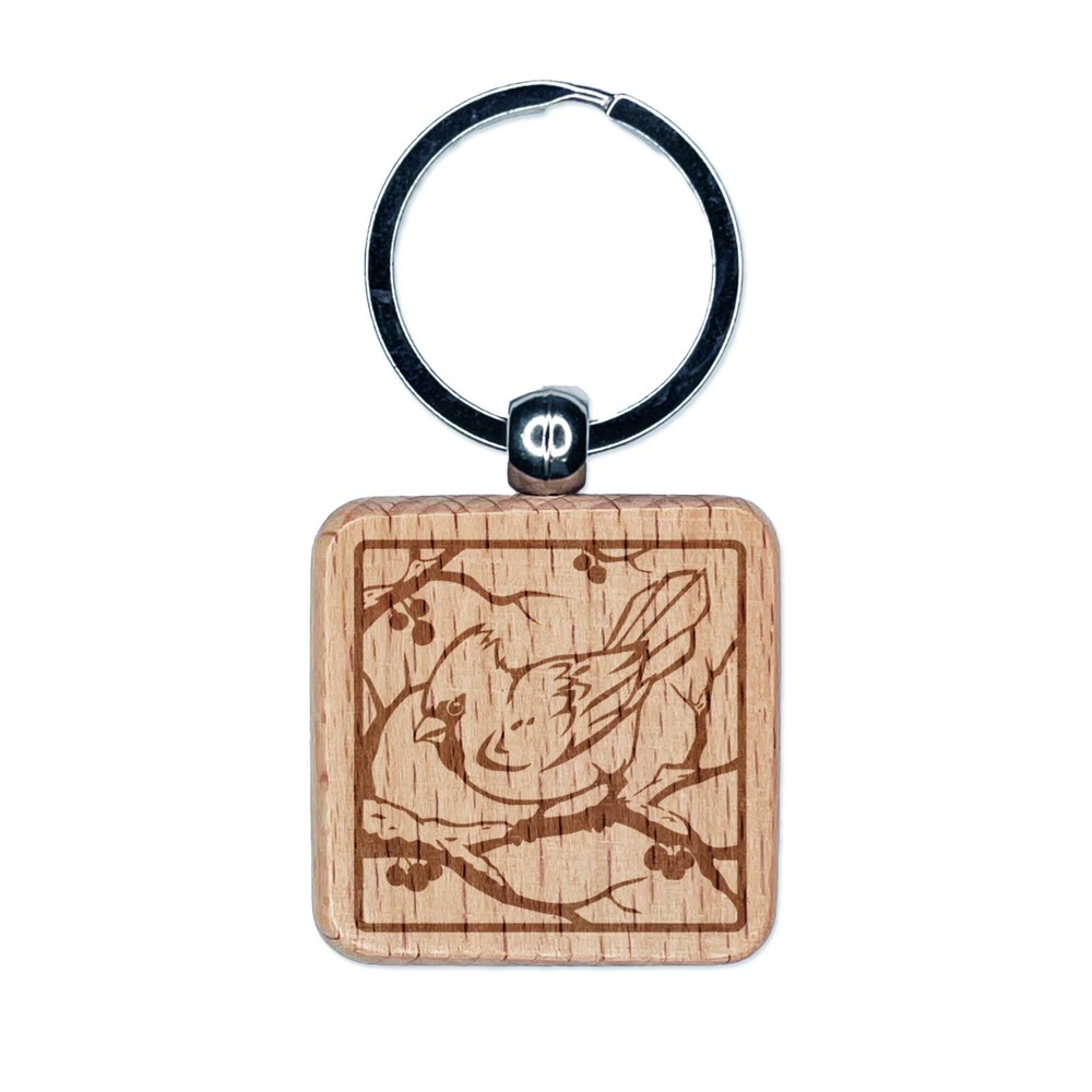 Cardinal on Snowy Branch Engraved Wood Keychain Charm Tag