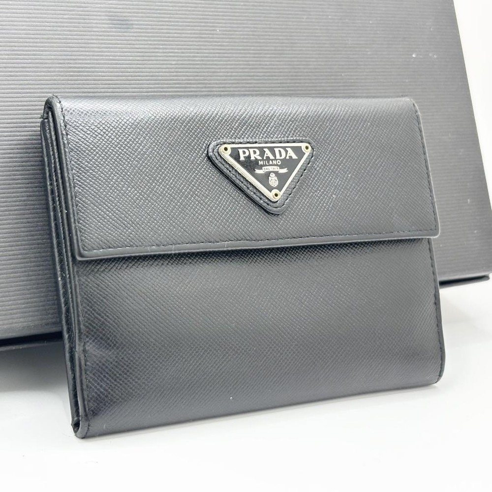 Prada Saffiano Triangle Folded Wallet in Black