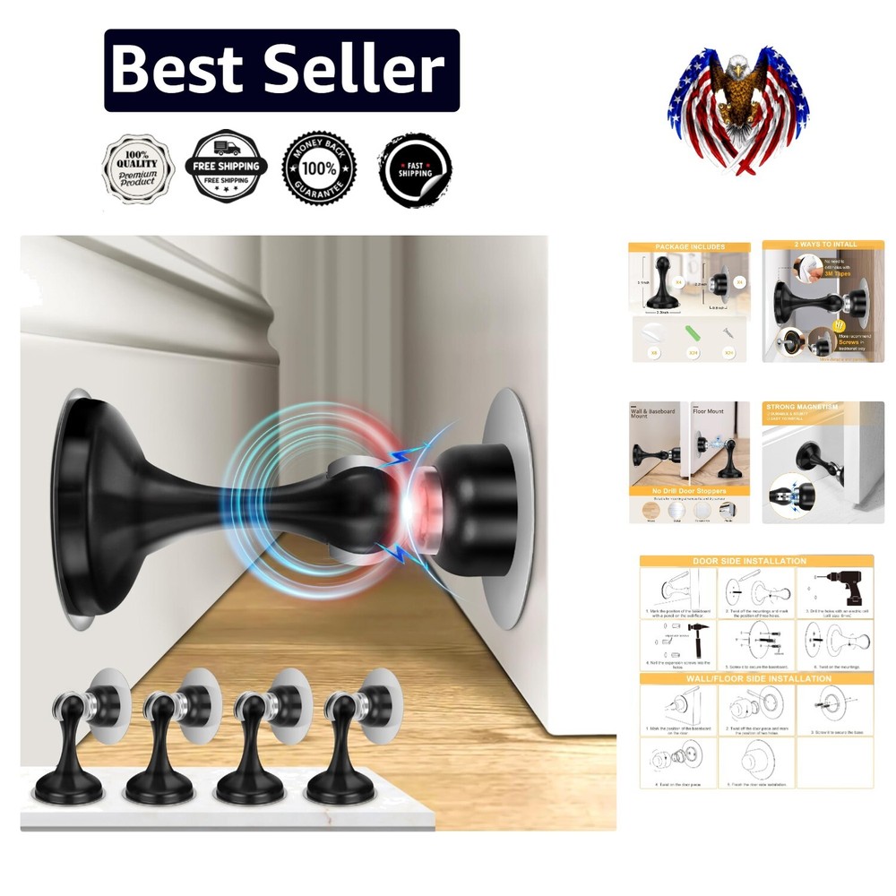 Black Stainless Steel Magnetic Door Stopper Set with Adhesive Tapes - 4 Pack